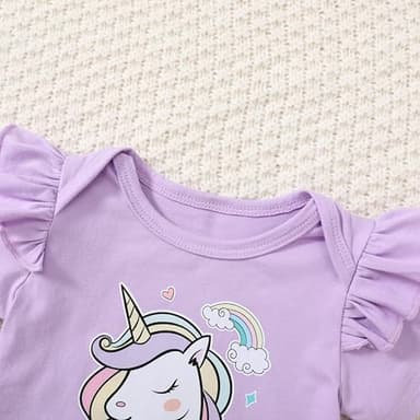 DISAUR Toddler Cute Baby Girl Clothes Short Sleeve Outfits Purple Adorable Pony Ruffle White Romper Pants For First Birthday Party 12 Months 18 Months - Image 3