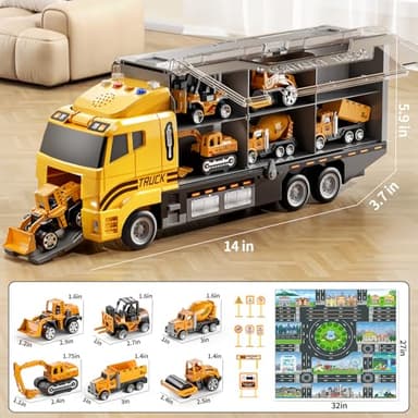 NIPLOOOW Toddler Boys Construction Truck Vehicle Toy Set with Play Mat and Die-Cast Toy Car, Transport Carrier Truck for Kids 3-5, Birthday Gifts Toys for 3-8 Year Old Boys - Image 2