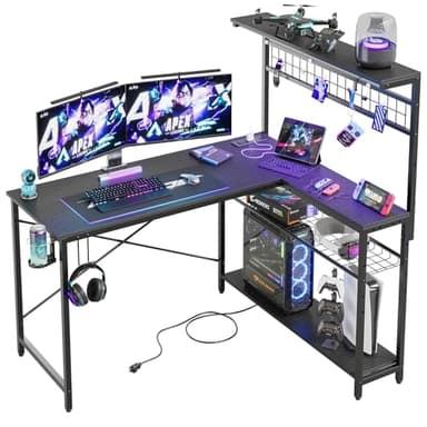 Bestier Gaming Desk 51" L-Shaped, with Power Outlets & LED Lights- 4 Tier Shelves, Reversible Gamer Table with Hooks & Cup Holder for Home Office Carbon Fiber Black - Image 3