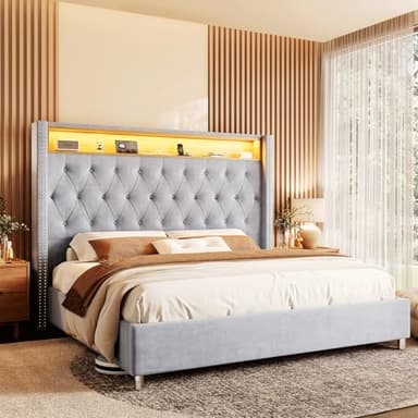 Jocisland Queen Size Bed Frame 53.6'' Tall Headboard LED Lights and Charging Station, Velvet High Upholstered Platform Bed Wingback Storage, No Box Spring Needed, No Motion Light Under Bed, Light Gray - Image 7
