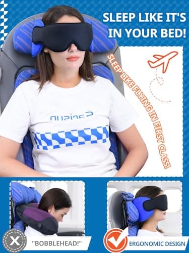 SARISUN Travel Pillows for Airplanes, Airplane Pillow for Long Flight, Airplane Head Strap with Eye Mask for Sleep, Travel Neck Pillow for Car Road Trip, 360° Support Headrest, Stop Bobblehead, Black - Image 2