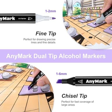 AnyMark Alcohol Markers, 80 Colors Dual Tip Art Coloring Markers Set for Kids Adult Book Drawing Sketching Painting, Chisel & Fine, Black Penholder - Image 2