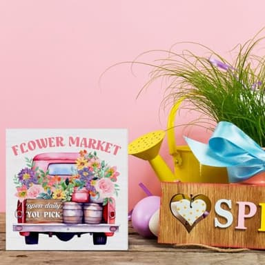 Spring Decor - Spring Sign Decorations Flower Market Wood Block Plaque Sign for Home Desk Table (5 x 5 Inches) - Image 4