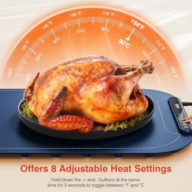 Warming Mat for Food, Voriah Electric Warming Tray with 99H Timer & 8 Temperature Settings, Foldable Food Warmer with °C/°F Switch, Keeps Food Warm at Buffets, Sabbath, Family Gatherings(Dark Blue) - Image 2
