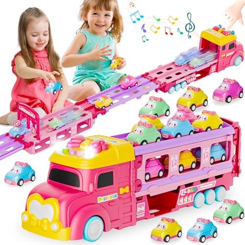 Funwee Car Toys for Age 2 3 4 5 6 7 Year Girl Toddler, Foldable Track & 2 Player Race Mode Game, Light & Sound Push Transport Carrier Truck W/ 6 Princess Car, Birthday Gift Idea for Kid - Image 1