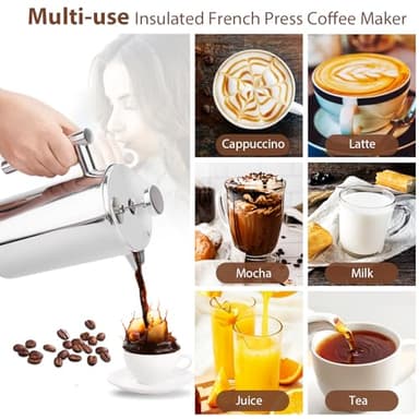 34oz French Press Coffee Maker, 1000ml Stainless Steel Double Insulated Cafetiere 8 Cup Espresso Coffee Press, Portable Coffee Plunger Pot for Home, Office, Camping - Image 6