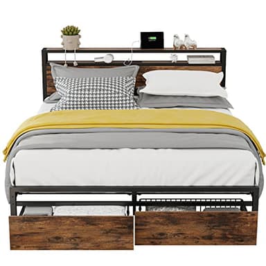 LIKIMIO Queen Bed Frame with Storage Headboard, Platform Bed with Drawers and Charging Station, No Box Spring Needed, Easy Assembly, Vintage Brown - Image 9