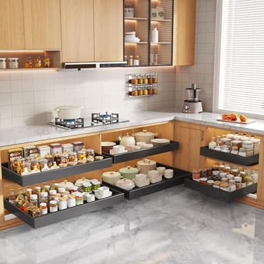 Seinloes 4 Pack Pull Out Cabinet Organizers 21" Deep With Raising Pad for Framed Cabinets, Expandable Width (15.2"-26.3") Slide Out Drawers Upgrade 3 Slide Rails, Roll Out Shelves Adhesive, Black - Image 7