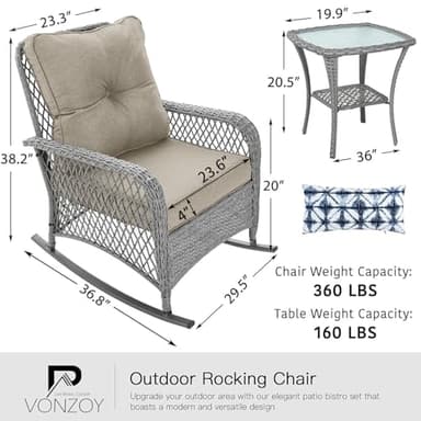 VONZOY Patio Furniture Set 3 Pieces, Rocking Bistro Set with Thick Cushions, Grey Wicker Outdoor Rocker Chairs and Coffee Table for Porch, Backyard or Garden (Grayish White) - Image 6
