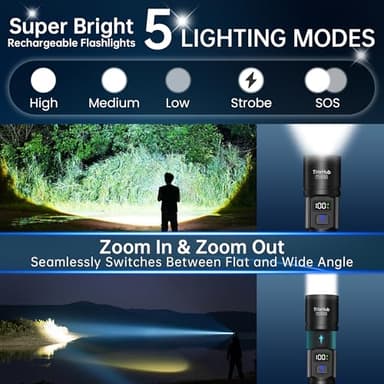 Rechargeable Flashlights 2 Pack, Super Bright High Lumens Flash Light, 5 Modes Zoomable Linternas with LCD Digital Display, Powerful Handheld LED Flashlights for Emergencies Camping - Image 2