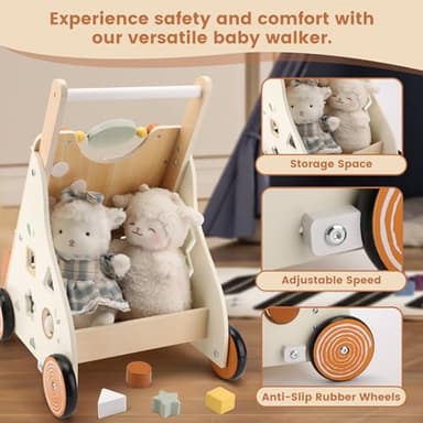 Pithfor Wooden Baby Walker, Baby Push Walker with Activity Center for Girls Boys, Push Walker Toys for Babies Learning to Walk, Sit-to-Stand, for 10-12 Months 1 2 3 Years Old - Image 5