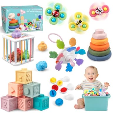 6 in 1 Baby Toys 6 to 12 Months, Montessori Toy for Toddlers 1-3, Infant Teething Babies Toy Stacking Blocks Rings Pull String Toy Sorter Sensory Bin - Image 1