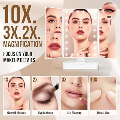 NIKKOMON Wireless Rechargeable Lighted Makeup Mirror with 3 Color Lighting, 2000mAh Rechargeable Battery, 10x 3X 2X Magnification, 24 LED, 360 Degree Rotation, Gift for Woman (White) - Image 8