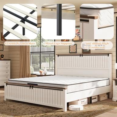 AMERLIFE Farmhouse Full Size Bed Frame with Sliding Barn Door, Wooden Rustic Platform Bed Frame with 47" Tall Headboard, Noise-Free, Solid Wood Slats & Metal Support, No Box Spring Needed, White - Image 6