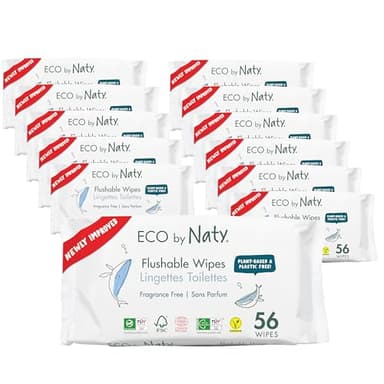 Eco by Naty Flushable Baby Wipes - Compostable and Plant-Based Wipes, Chemical-Free and Hypoallergenic Baby Wipes Safe for Baby Sensitive Skin, 56 Wipes Per Pack (12 Pk) - Image 1
