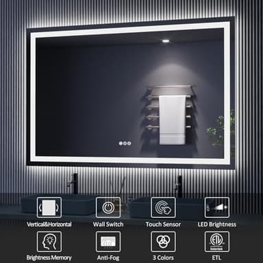 Amorho LED Bathroom Mirror 65" X36" with Front and Backlight, Stepless Dimmable Wall Mirrors with Anti-Fog, Shatter-Proof, Memory, 3 Colors, Double LED Vanity Mirror - Image 5