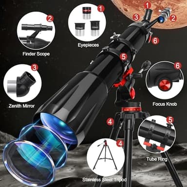 Telescope,Telescope for Adults High Powered, 90mm Aperture 900mm Professional Refractor Telescopes for Kids & Beginners, Magnification 450X,for Planet Observation with Stainless Tripod & Phone Adapter - Image 6