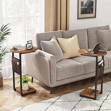 Vagusicc C Shaped End Table for Couch, Side Table Small End Table, Couch Side Table for Small Spaces, Slide Under Sofa TV Tray with Metal Frame for Living Room, Bedroom (Brown) - Image 4