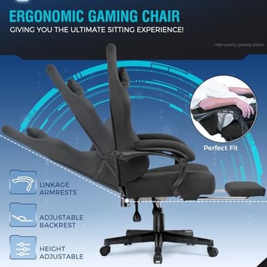 GTPLAYER Gaming Chair Fabric with Pocket Spring Cushion, High Back Ergonomic Computer Chair with Footrest for Adults Lumbar Support Swivel Game Chair for Office Gaming 350LBS, Black - Image 8