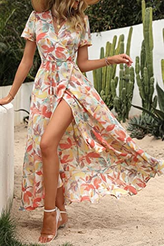 PRETTYGARDEN Women's Summer Wrap Maxi Dress Casual Boho Floral V Neck Short Sleeve Ruffle Hem Split Beach Long Dresses (White Floral,Large) - Image 3
