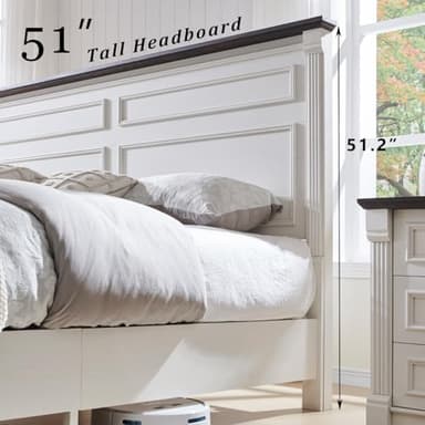Aitjunz Farmhouse King Size Bed Frame with 51" Tall Headboard, Wood Platform Bed Frame with 20" Tall Roman Column Decoration Footboard & 3 Large Storage Drawers, No Box Spring Needed (White) - Image 4