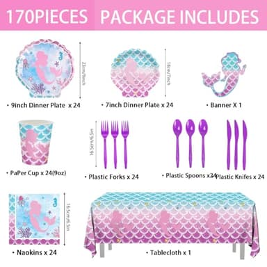 170pcs Mermaid Birthday Party Supplies Mermaid Party Decorations Includes Paper Plates Napkins Tablecloth Banner Cups Banner Forks for Baby Shower Ocean Birthday Party Decorations Serve 24 - Image 2