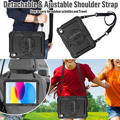 BLOSOMEET Case for iPad A16 11th/10th Generation 11''/10.9'' 2025/2022 with Tempered Glass Screen Protector & Pencil Holder, Rugged Military Grade Cover w/Stand Hand Shoulder Strap, Black - Image 5