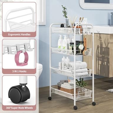 TOOLF 4-Tier Rolling Cart, Metal Utility Cart with 3 Hooks, Easy Assemble Mobile Storage Trolley On Wheels, Metal Shelving Units Kitchen Bathroom Laundry Room - Image 3