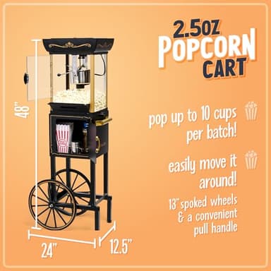 Nostalgia Popcorn Maker Machine - Professional Cart With 2.5 Oz Kettle Makes Up to 10 Cups - Vintage Popcorn Machine Movie Theater Style - Black - Image 2