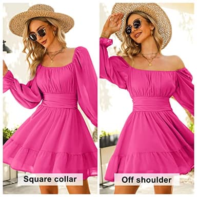 EXLURA Women's 2025 Casual Long Lantern Sleeve Dresses Square Neck Ruffle Tie Back Elastic Waist Aline Short Mini Dress Hot Pink - Image 4