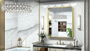 TokeShimi 32x36 Inch Gold Bathroom Mirror for Wall Metal Rounded Corner Rectangle Mirror Metal Frame Deep Set Design Hangs Horizontal Or Vertical - Image 2