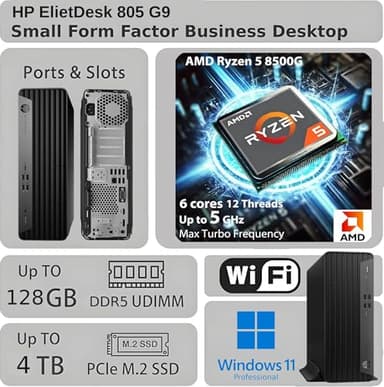 HP EliteDesk 805 G9 SFF Business Desktop Computer, AMD Ryzen 5 8500G, 32GB DDR5, 1TB PCIe SSD, Radeon 740M Graphics, Dual 4K Display Support, USB-C, HDMI, RJ-45, Wi-Fi, Wired KB & Mouse, Win11 Pro - Image 2