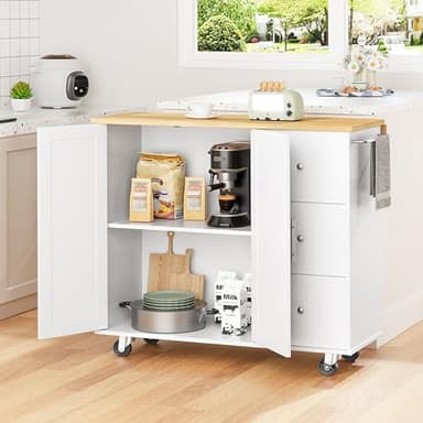Shintenchi Kitchen Island with Folding Drop Leaf, Rolling Island Table with Storage, Kitchen Cabinet on Wheels with Seating Area for Kitchen, Bar Cart with Cabinet, White - Image 2