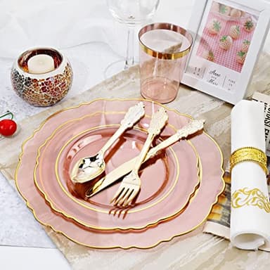 KIRE 210Pcs Clear Pink Plastic Plates with Gold Rim - Disposable Gold Silverware &Pink Cups&Hand Napkin - Plum Colored Plastic Dinnerware for Upscale Wedding - Image 6