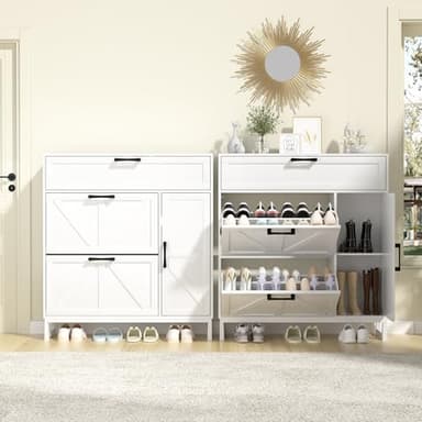 Betterhood Shoe Cabinet for Entryway with 2 Flip Drawers, Slim Freestanding Shoe Rack Organizer, Entryway Shoe Cabinet with Open Storage for Foyer and Hallway, White - Image 6