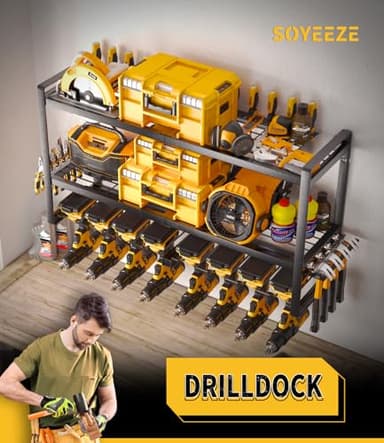 SOYEEZE Power Tool Organizer & Storage Wall Mount - Heavy Duty Metal 8 Drill Holder, 3 Layer Premium Garage Utility Power Tool Rack &Tool Shelf,Great as Gifts for Men Father's Day-Large-Black - Image 6