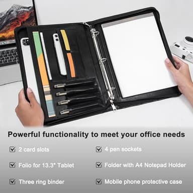AZXCG Zipper Portfolio Padfolio Binder,3-Ring Padfolio for Women and Men,A4/Letter Size, PU Leather with iPad,Professional Organizer for Resume/Interview (Black) - Image 4