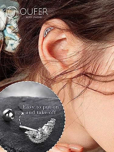 OUFER 16G Helix Piercing Jewelry, 925 Sterling Silver Cartilage Earrings Stud, Clear CZ Tragus Earrings, Conch Lobe Piercing Jewelry for Women Men - Image 6
