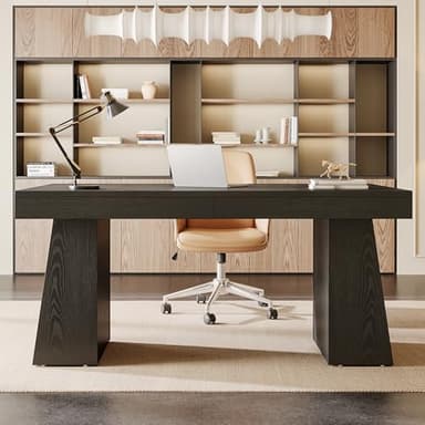 Tribesigns 55 Inches Executive Desk, Mid-Century Modern Home Office Desk with Double Trapezoid Base, Wood Computer Desk Business Workstation Desk Small Conference Table, Black - Image 8