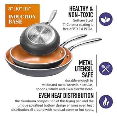 Gotham Steel PRO 3 Pc Hard Anodized Ceramic Frying Pans Set, 8” 10” 12” Nonstick Frying Pans Skillet with Non Toxic Ceramic & Titanium Coating, Induction Ready, Oven and Dishwasher Safe - Copper - Image 3