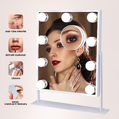 COOLJEEN Vanity Mirror with Lights, 9 Led Bulbs Lighted Makeup Mirror with Detachable 10X Magnification Mirror, Hollywood Mirror 3 Color Lights Tabletop Makeup Mirror, 360°Rotation - Image 5