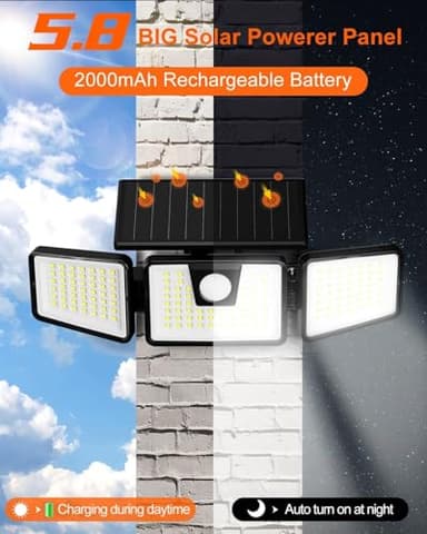 INCX Solar Outdoor Lights with Motion Sensor, Solar Powered 3 Heads Security Lights, 156 LED Flood Light Motion Detected Spotlight for Patio Garage Yard Entryways, IP65 Waterproof 2 Pack - Image 5