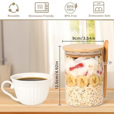 Overnight Oats Containers with Lids,4 Pack 18oz Overnight Oats Jars with Spoons,Salad Meal Prep Jar with Bamboo Lids for Chia Seed Pudding Salad Cereal Coffee Flour,Sourdough Starter Jar for Bread - Image 6