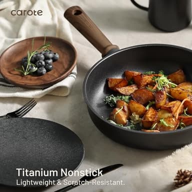 CAROTE Titanium Pan Non Stick Frying Pans, 8/9.5/11 Inch Nonstick Skillet Chef's Pan with lid, Compatible with All Stoves, 8'' - Image 7