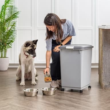 IRIS USA Dog Food Storage Container with Wheels, Airtight Lid, 2-Cup Scoop, Up to 54 Pounds Pet Food Storage, Built in Scoop Storage in Lid, Versatile Pet Food Bin, Portable, BPA Free, Gray/Dark Gray - Image 10