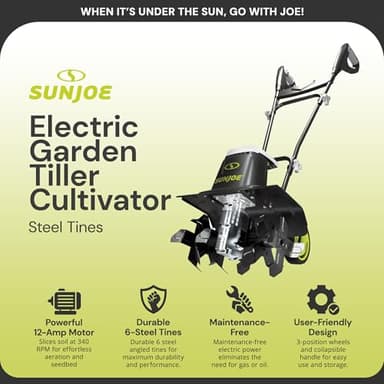 Sun Joe Electric Garden Tiller Cultivator, Steel Tines, 12 Amp, 16 Inch, Black - Heavy-Duty Gardening Machine & Equipment for Gardens, Lawns & Yards, TJ603E - Image 3