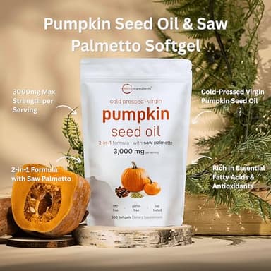 Pumpkin Seed Oil with Saw Palmetto, 3000mg Per Serving, 300 Softgels | Cold Pressed, Pure Virgin Oil, Essential Fatty Acids & Phytosterols | Supports Hair, Urinary, Bladder & Prostate Health | Non-GMO - Image 2