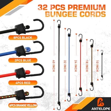 A ANTELOPE 32-Piece Bungee Cord Assortment Includes 10", 18", 24", 32", 40" Bungee Cord with Hook, 8" Canopy Tarp Ball Tie and Tarp Clip - Image 2
