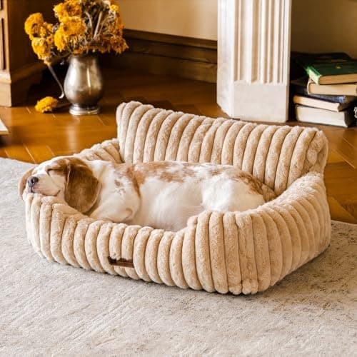 MEWOOFUN Dog Couch Bed, Fluffy Small Dog Bed with Removable Washable Cover, Supportive Cat Couch for Cats & Dogs up to 25 lbs (Camel, 30x21x12) - Image 1