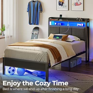 Rolanstar Bed Frame Twin Size with Charging Station and LED Lights, Upholstered Headboard with Storage Shelves, Heavy Duty Metal Slats, No Box Spring Need, Noise Free, Easy Assembly, Dark Grey - Image 7